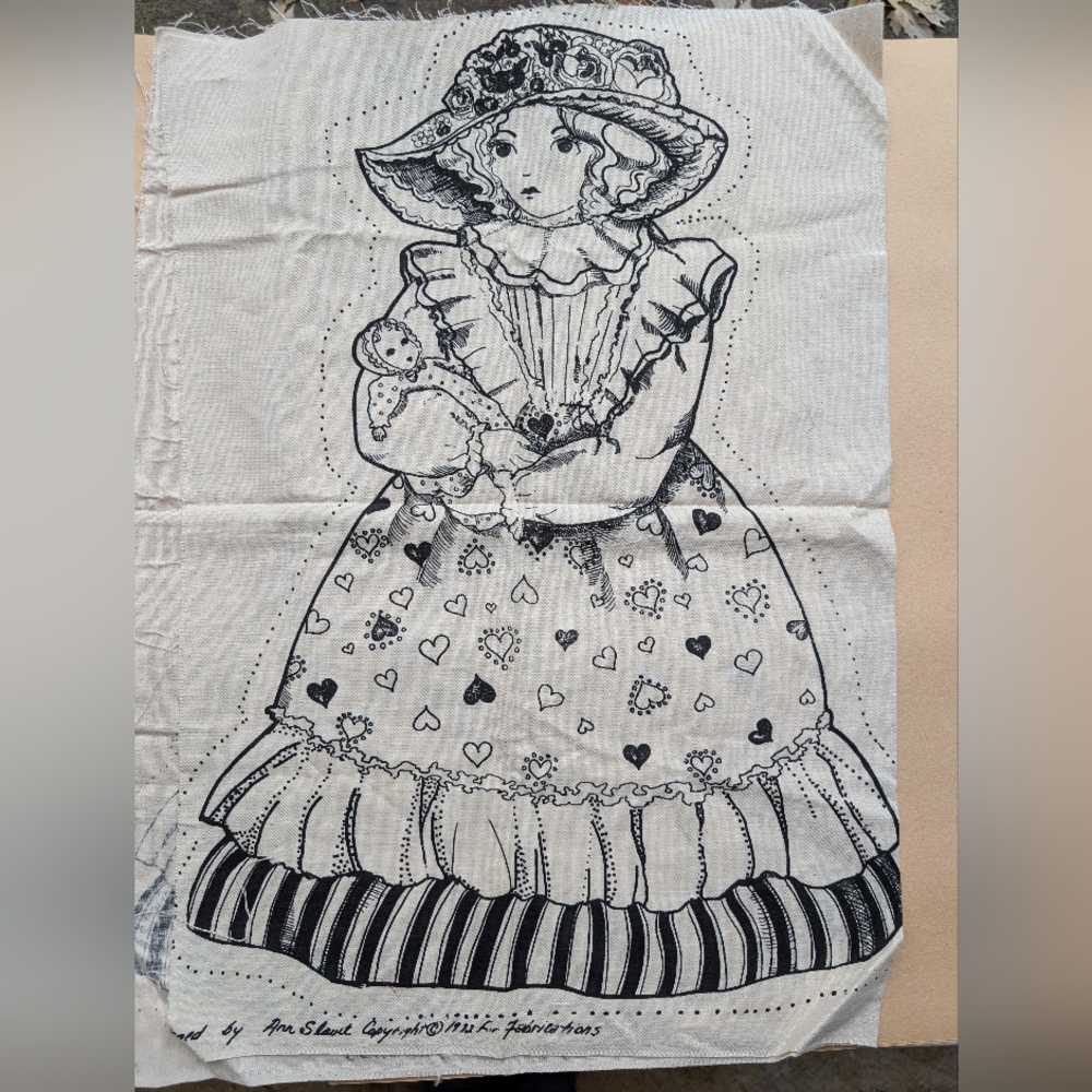 Vintage 70a Fabric Doll Print Pillow Panel Cut Sew Black And Ivory Ann Slavit